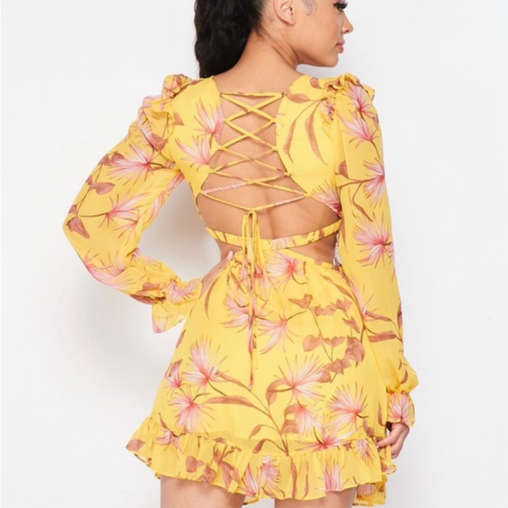 Yellow Ruffled Backless Sundress with Bishop Sleeves